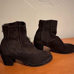 Choc brown suede booties w/ 2” heel & zipper in back; Italian Officine Creative